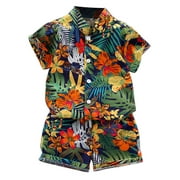 DAKIMOE Toddler Boy Clothes Boys Hawaiian Short Sleeve Button down Shirt Shorts Suit Leaf Floral Flower Summer Baby Boy Outfit, Green Flower, 5-6Y